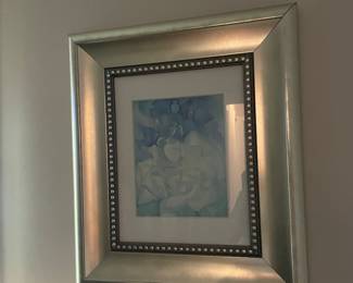 $28.00 - Silver Framed Floral Art Print, Matted with Beaded Detail