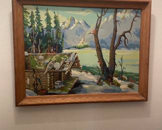 $55.00 - Mid-Century Paint-by-Number Mountain Cabin Lake Landscape, Framed