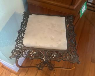 $150.00 - Antique Victorian-Style Ornate Brass Plant Stand With Marble Top (Crack in Marble)
