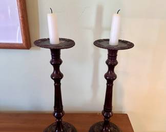$45.00/Pair - Pair of Antique English Mahogany Art Nouveau Turned Wood Candlesticks
