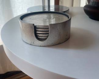 $15.00 - West Elm Silver-Tone Lacquer Coaster Set with Holder