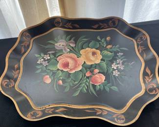 $35.00 - Vintage Hand-Painted Floral Toleware Serving Tray, Scalloped Gold Trim