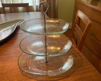 $35.00 - MCM 3-Tier Clear Glass Serving Stand with Metal Handle
