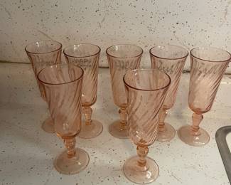 $25.00 - Vintage Arcoroc France Pink Swirl Footed Tumblers, Set of 7