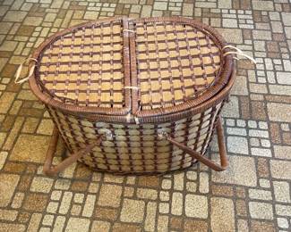 $18.00 - Vintage Woven Wicker Picnic Basket with Gingham Lining & Double Lid