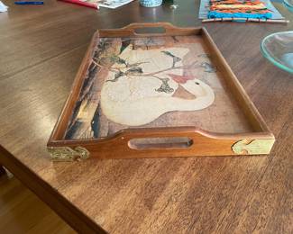 $24.00  - Vintage Made in Taiwan Wooden Serving Tray, Asian Swan Design & Brass Accents 