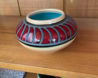 $35.00 - Signed Studio Art Pottery Bowl, Red & Blue Geometric Design