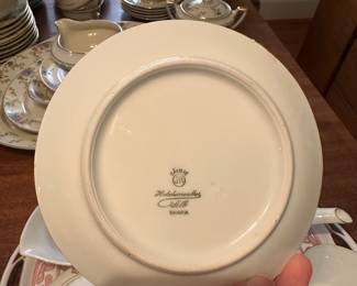 $190.00 - Hutschenreuther Selb Bavaria "Cacilie" Pattern Fine Porcelain Tea Set. Includes: Tray, Sugar, Creamer, Tea Kettle, 4 Cups, and12 White Porcelain Saucers with Metallic Gold Rims