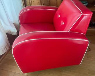 $295.00 - Vintage Mid-Century Red Vinyl Lounge Chair with White Piping - Retro