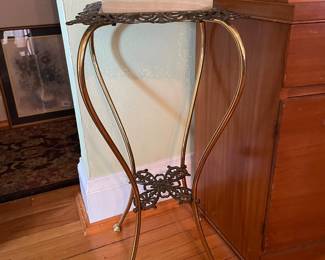 $65.00 - Vintage Brass & Ornate Cast Metal Plant Stand with Marble Top