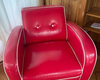 $295.00 - Vintage Mid-Century Red Vinyl Lounge Chair with White Piping - Retro