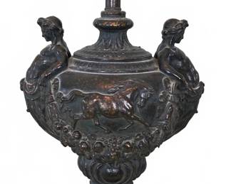 Ornate Bronze Table Lamp with Figural Relief, 37"