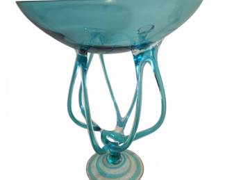 Blue Art Glass Compote With Abstract Base