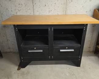 Black Wood Cabinet with Drawers and Open Shelves
