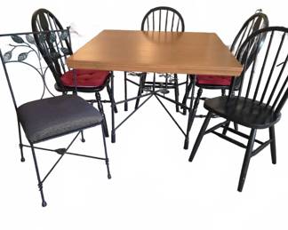 Square Wood Table with Five Mixed Chairs