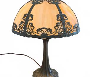 Brass Table Lamp With Slag Glass Shade