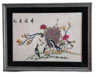 Framed Peacocks and Flowers Silk Needlework