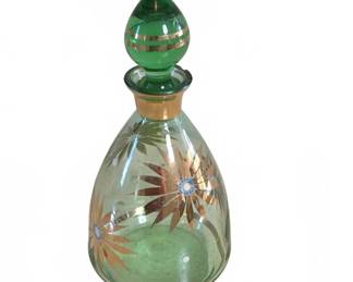 Green Glass Decanter with Stopper and Gold Trim