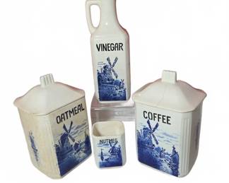 Blue and White Ceramic Kitchen Canisters and Vineg