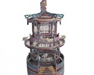 Antique Chinese Carved Two-Tier Pagoda Birdcage