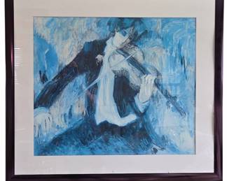 Framed Abstract Artist-Signed Violinist Print 33x