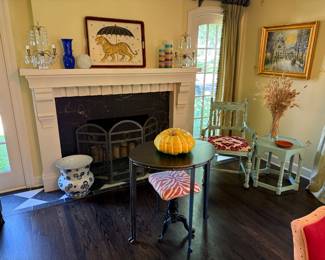 Eclectic Mantle,  Unique Metal Screen, and Vintage Kosta Boda