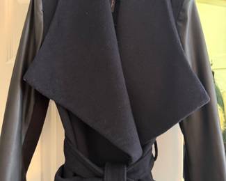 BCBGMAXAZRIA- Wool Blend Wrap Coat with Contrasting Leather Sleeves.