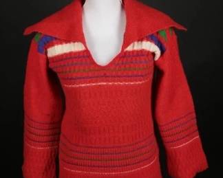 70s Red Wool Pullover With Multicolor Stripes