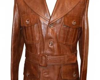 1970s Mens Fashion Bar Brown Leather Safari Jacket