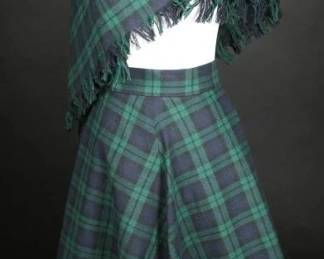 60s Black Watch Tartan Skirt  Fringe Shawl Set