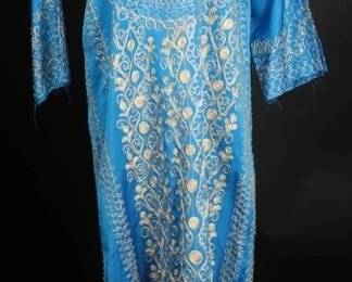 Vintage Blue Silk  Gold Metallic Caftan Gown