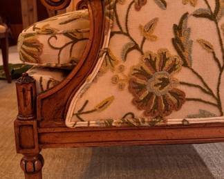 Pair of Carved Wood Crewel Upholstered Arm / Club Chairs. Each Measures 27" W x 32" D with 19" Seat Height. Photo 5 of 5
