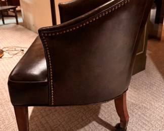 Vintage Camo Leather Upholstered Barrel Chairs on Casters with Nailhead Trim. Each Measures 25" W x 25" D with 18" Seat Height. Photo 4 of 5.