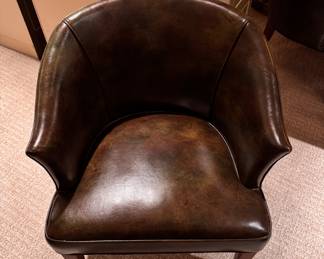 Vintage Camo Leather Upholstered Barrel Chairs on Casters with Nailhead Trim. Each Measures 25" W x 25" D with 18" Seat Height. Photo 3 of 5.