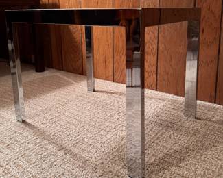Mid-Century Parsons Style Chrome & Glass Side Tables - 2 Sizes. Small (2 Available) Measure 15" x 20" x 15" H Each; Medium (2 Available) Measures 27" x 21" x 21" H Each. Photo 2 of 3.