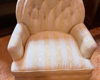Yellow Silk Faux Bois Upholstered Chair, Likely Baker Furniture. Measures 30" W x 32" D with 17" Seat Height. Photo 2 of 6.