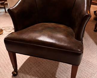 Vintage Camo Leather Upholstered Barrel Chairs on Casters with Nailhead Trim. Each Measures 25" W x 25" D with 18" Seat Height. Photo 2 of 5.