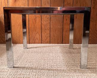 Mid-Century Parsons Style Chrome & Glass Side Tables - 2 Sizes. Small (2 Available) Measure 15" x 20" x 15" H Each; Medium (2 Available) Measures 27" x 21" x 21" H Each. Photo 1 of 3.
