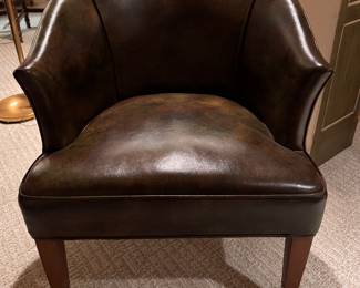 Vintage Camo Leather Upholstered Barrel Chairs on Casters with Nailhead Trim. Each Measures 25" W x 25" D with 18" Seat Height. Photo 1 of 5.