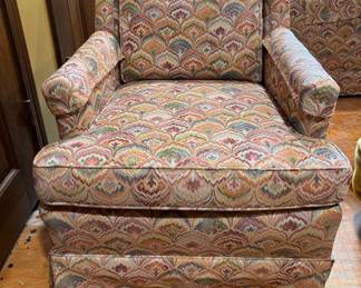 Pair of Baker Furniture Club Chairs Upholstered in Flame Stitch Fabric. Each Measures 28" W x 32" D x 18" Seat Height. Photo 1 of 6.