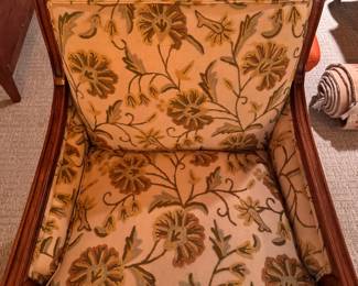 Pair of Carved Wood Crewel Upholstered Arm / Club Chairs. Each Measures 27" W x 32" D with 19" Seat Height. Photo 3 of 5