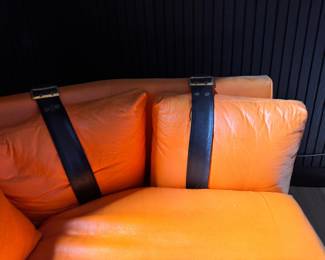 Hermes-Orange Color Vinyl Upholstered Sleeper Sofa. Slight Tear on Fabric. Measures 106" W x 36" D. Photo 3 of 6.