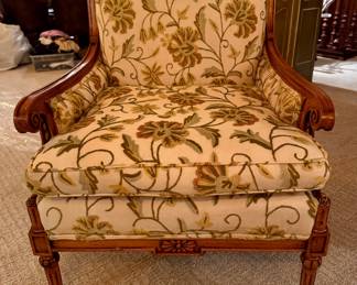 Pair of Carved Wood Crewel Upholstered Arm / Club Chairs. Each Measures 27" W x 32" D with 19" Seat Height. Photo 1 of 5.