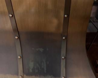 Custom Brushed Brass , Wall-Mounted Kitchen Range Hood with Decorative Metal Straps. Measures 70" W x 20" D x 35" H. Photo 2 of 2.