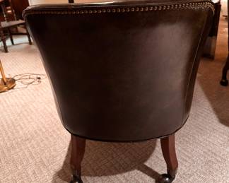 Vintage Camo Leather Upholstered Barrel Chairs on Casters with Nailhead Trim. Each Measures 25" W x 25" D with 18" Seat Height. Photo 5 of 5.