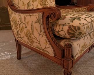 Pair of Carved Wood Crewel Upholstered Arm / Club Chairs. Each Measures 27" W x 32" D with 19" Seat Height. Photo 2 of 5