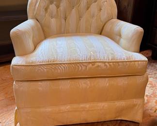 Yellow Silk Faux Bois Upholstered Chair, Likely Baker Furniture. Measures 30" W x 32" D with 17" Seat Height. Photo 1 of 6.