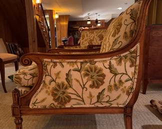 Pair of Carved Wood Crewel Upholstered Arm / Club Chairs. Each Measures 27" W x 32" D with 19" Seat Height. Photo 4 of 5