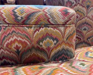 Pair of Baker Furniture Club Chairs Upholstered in Flame Stitch Fabric. Each Measures 28" W x 32" D x 18" Seat Height. Photo 5 of 6.