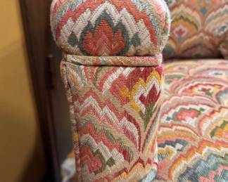 Pair of Baker Furniture Club Chairs Upholstered in Flame Stitch Fabric. Each Measures 28" W x 32" D x 18" Seat Height. Photo 4 of 6.